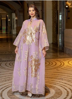 Buy Stylish New Design Pink Gold Beaded Embroidery Chiffon Muslim Women's Jalabiya Dubai Abaya in UAE