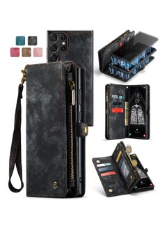 Buy Protective Phone Cover Case Wallet Case For Samsung Galaxy S23 Ultra, 2 in 1 Detachable Premium Leather Magnetic Zipper Pouch Wristlet Flip Phone Case (Black) in UAE