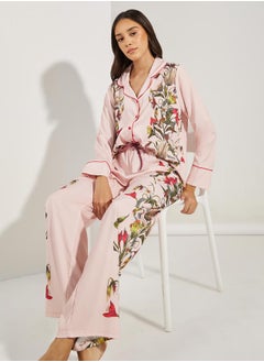 Buy Satin Floral Print Piped Trim Detail Shirt & Pyjama Set in Saudi Arabia