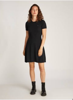 Buy Women's  Fit And Flare Midi Slim Sweater Dress , Black - Cotton Blend in Saudi Arabia