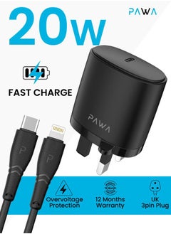 اشتري شاحن آيفون مع محول Pawa Single PD Wall Charger 20W UK مع كابل Type-C إلى Lightning - أسود متوافق مع آيفون الجديد لآيفون 14/14 بلس/14 برو/ 14 برو ماكس/13 برو/ 13 برو ماكس/13/ 12/11وايباد ويباد ميني في الامارات