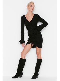 Buy Black Mini Knitwear V-Neck Dress TWOAW22EL0564 in Egypt