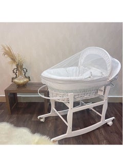 Buy Moses Basket Cradle White Color with White Holder on Wheels in UAE
