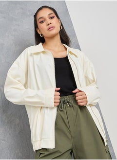 اشتري Oversize Solid Collared Zip Up Jacket في السعودية