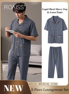 Buy 2-Piece Pajama Set Men's Cotton Short Sleeved Lapel Collar T-Shirt Long Pants Sets Solid Color Sleepwear Nightgown Male Loose Spring Summer Thin Loungewear Home Clothes in UAE