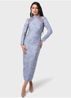 Buy Crystal Embellished Mesh Insert Jacquard Dress in Saudi Arabia