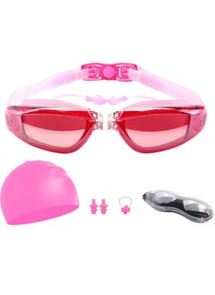 Buy Integrated earbuds electroplated waterproof and anti-fog goggles with nose clip and earbuds Swimming goggles and cap glasses case (pink) in Saudi Arabia