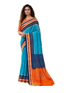 Buy Cotton Handloom Blue Printed Saree With Orange Border Plus Unstitched Blouse in UAE