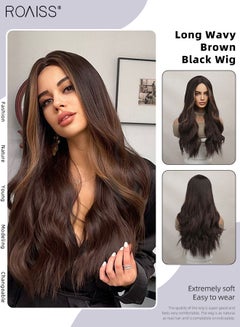 اشتري Long Wavy Brown Black Wig, Women's Middle Parting Natural Soft Synthetic Heat Resistant Hair Wig with Highlights for Wedding Cosplay Party Daily Wear, 60cm (24 inches) في السعودية