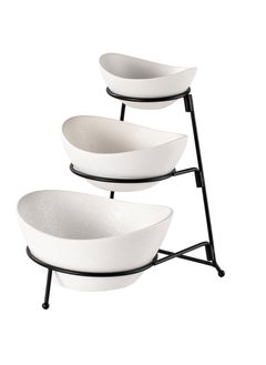 Buy Shallow Porcelain 3-Tier Serving Bowl Set with Black Stand Rack - 13cm, 15cm, 19cm in UAE