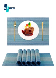 اشتري 4 Piece Placemats, Heat Resistant Washable Placemats, Non-Slip Vinyl Woven Kitchen Table Mats, Stain Resistant Placemats Wipeable PVC Dining Table Durable Kitchen Decor (Blue) في السعودية