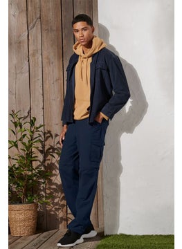 Buy Men Regular Fit Belted Cargo Pants, Navy in UAE