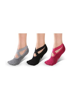 Buy Yoga Socks for Women Non Slip Grips & Straps 3 Pairs  Multicolor Dance Pilates Barre Barefoot Workout in UAE