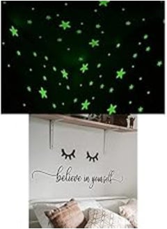 اشتري Bundle of 100 Pcs Home Wall Glow In The Dark Stars Stickers Kids Room Decoration + Believe in Yourself Sticker wall art 90x18 cm Black في مصر