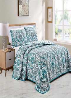 Buy Linen Plus Quilted Coverlet Bedspread Set Turquoise Teal Grey Charcoal White New # Lori (King/Cal King) in UAE