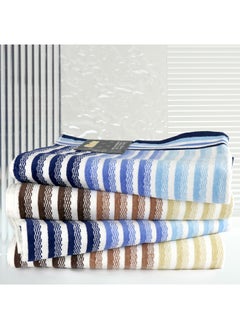 Buy 4 Piece Bathroom Towel Set VISTA 420 GSM 100% Cotton Velour 4 Bath Towel 70x140 cm Blue & Brown Color Modern Stripe Design Luxury Touch Extra Absorbent in UAE