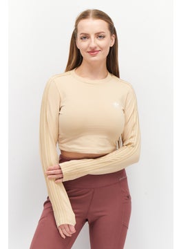 اشتري Women Sportswear Fit Crew Neck Long Sleeves Brand Logo Crop Top, Brown في الامارات