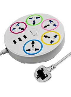 Buy Round Universal Power Extension Cord with 5 Power Plugs and 3 USB Outlets, 5 Way Power Strip with USB Slots, Extension Lead 3 meter - White in Saudi Arabia