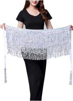 اشتري Belly Dance Hip Scarf with Four Layers of Sequined Tassels National Stylish Shiny Professional Accessories for Show Perform Dance Belly Dance Zumba and Yoga Class for Women Silver في السعودية