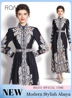 Buy Women Embroidered Belted Shirt Dress Full Sleeved Slim Waist Belted Button Print Casual Muslim Long Dress Outfits Floral Print Mock Neck Long Sleeve Women Casual Long Dress in UAE