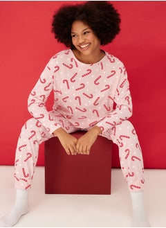 Buy Pink 100% Cotton New Year Themed Tshirt-Jogger Knitted Pajama Set THMAW21PT0771 in Egypt