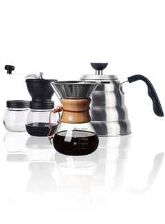 Buy Large Capacity V60 Pour Over Coffee Maker Set (Includes 1200ml Gooseneck Kettle , Coffee Grinder , Beans Storage Jar & 600ml Coffee Brewer) Nice Choice for Replacing Coffee Machines in Saudi Arabia
