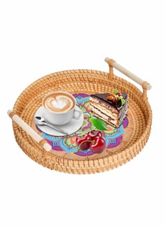 Buy Hand-Woven Rattan Serving Tray, Rattan Round Serving Tray with Handle, Coffee Tray Decor for Serving Coffee, Drinks, Bread, Fruit, Vegetables, Snacks in Saudi Arabia