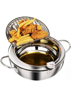 اشتري Fryer Pot,304 Stainless Steel Tempura Frying Pot With Thermometer And Oil Drip Drainer Rack Lid for Turkey Legs, Chicken Wings, French Fries (Siver) في الامارات