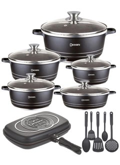 Buy 16 Pieces Combo Cookware Set Includes Double Grill Pan, 10 pcs Casserole Pot Set and Spatula Sets Black in UAE