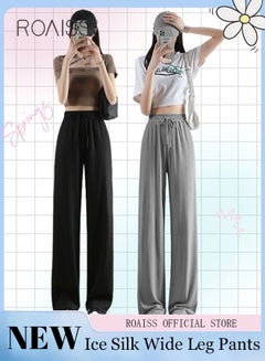 Buy 2 Piece Ice Silk Wide Leg Pants for Women Soft Trousers Ladies Mom's Long Pants Casual Plain New Arrival Trendy Straight Baggy Spring Summer Ladies Daily Outfit Clothes in Saudi Arabia