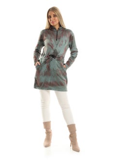 Buy Fleece Sweatshirt Dress With Front Pockets - Green & Brown in Egypt