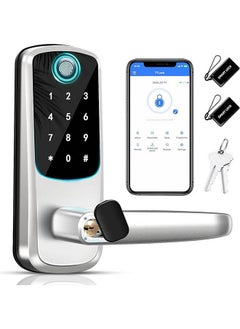 Buy Smart Door Lock with Handle Keyless Entry Door Lock 8-in-1 Fingerprint Door Lock with Keypad Front Door Deadbolt Lock Digital Electronic Door Lock with Code and App Control (Silver) in Saudi Arabia