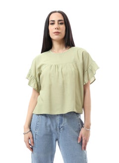 Buy Button Back Crew Neck Solid Pastel Olive Blouse in Egypt