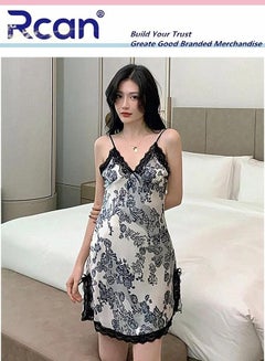 Buy Comfortable Delicate Floral Pattern Nightdress Breathable Slit Silk Skirt for Girls Women Home Pajamas Removable Chest Pad Summer Spring Slip Dress Homewear in Saudi Arabia