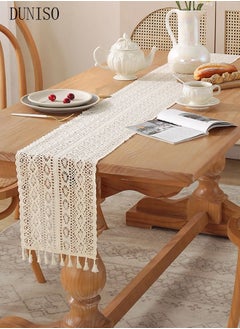 اشتري Farmhouse White Table Runner Linen Handmade Rustic Table Runner With Tassels For Holiday Party Dining Room Kitchen في الامارات