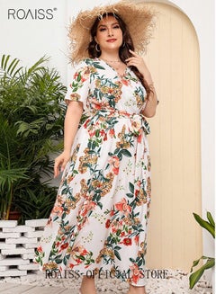 Buy Women's Large Size Floral Print Dress with Waist Belt Midi Long Dress High Waist Design V-Neck Short Sleeve Waist Tie Ruffle Dresses for Casual Dating Party White in Saudi Arabia