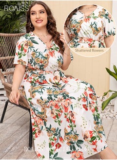 Buy Women's Large Size Floral Print Dress with Waist Belt Midi Long Dress High Waist Design V-Neck Short Sleeve Waist Tie Ruffle Dresses for Casual Dating Party White in Saudi Arabia