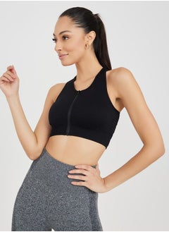 Buy Front Zip Seamless Knit Detail Sports Bra in Saudi Arabia