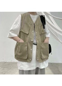 اشتري Japanese Style Workwear Vest Neutral Trendy Brand Hong Kong Style Loose Jacket Vest Mens and Womens Retro Multi-Pocket Sleeveless Waistcoat for MenKhaki J09 Khaki J09 في السعودية