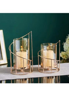 اشتري 2 Piece Pillar and Tealight Candle Holder for Home Décor, Centerpiece (Gold/Glass) في الامارات