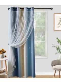 اشتري Double Layer Star Cut Out Gradient Thermal Insulated Blackout Curtain for Kids Room Living Room Blue/Beige 132x160/132x213/132x243cm في الامارات