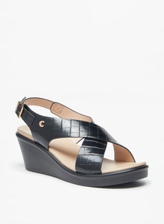 Buy Women's Textured Cross Strap Sandals with Wedge Heels and Buckle Closure in UAE