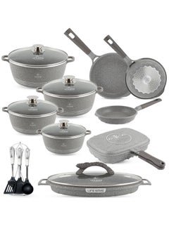 Buy Cookware Set 22 pieces - Pots and Pans set Granite Non Stick Coating 100% PFOA FREE, Die Cast Cooking Set include Casseroles & Frying Pans & Double Grill Pan & Kitchen Utensils in UAE