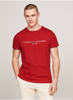 Buy Men's Logo Embroidery Slim Fit T-Shirt -  Pure cotton, Red in Saudi Arabia