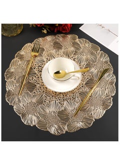 اشتري Gold Round Placemats for Dining Table, Set of 6 Pressed Hollow Out Non-Slip Vinyl Metallic Place Mats, Washable and Wipeable Placemats, Table Mats for Wedding Party Dining Table Kitchen Decorations في الامارات