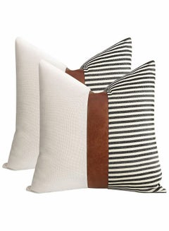 Buy Modern Geometric Decorative Throw Pillow Covers Home Cushion Set of 2 Farmhouse Decor Stripe Patchwork Linen Covers, Tan Faux Leather Accent 18x18 inch in Saudi Arabia