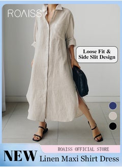 Buy Women Cotton Linen Long Shirt Dress Stand Collar Design for a Fresh and Professional Look Loose Fit to Enhance the Figure Solid Color with High Side Slit Design for a Polished and Non-dull Appearance in UAE