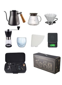 Buy 7 in 1 V60 Pour Over Coffee Set With Timing Electronic Scale, Coffee Kettle with thermometer, Bean Grinder, Dripping Cup, Hand Brewed Coffee Pot, Coffee Glass Cup and Filter Paper, Black in Saudi Arabia