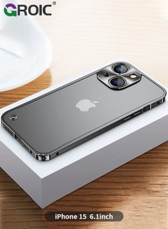 اشتري Metal Frame Black Case for iPhone 15, Ultra Slim Frosted PC Matte Back with Lanyard Holes Lock Type Military Aluminum Alloy Bumper في الامارات