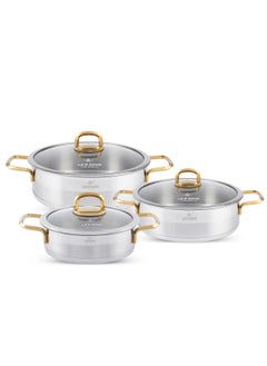 Buy 6-Piece President Series Premium 18/10 Stainless Steel Shallow Cooking Pot Set - Induction 3-Ply Thick Base Casserroles 20/24/28cm with Glass Lid for Even Heating Oven Safe Silver in UAE